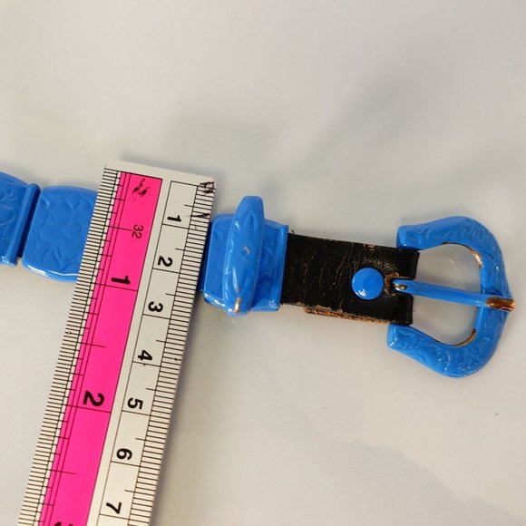 VINTAGE Western Studded Metal Belt 28 SMALL Blue Heavy Medieval Retro ECHT LEDER - Picture 9 of 10